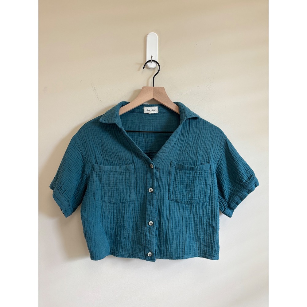 Love Notes Teal Blue Double Gauze Cotton Button Front Crop Top Short Sleeve M